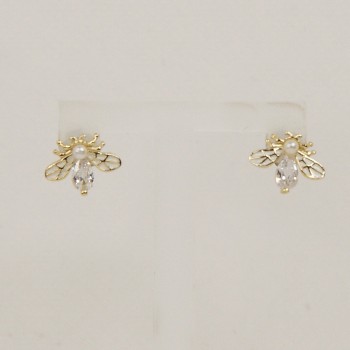 Sterling Silver/Yellow Gold Plated/CZ Small Bee Stud Earrings